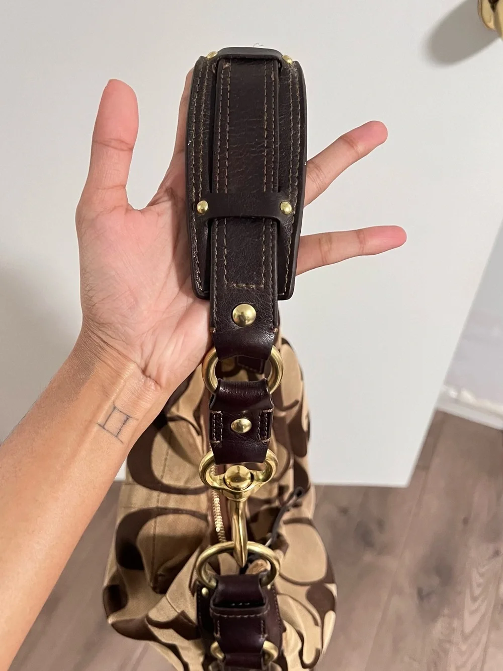 Coach Brown Signature Canvas Hobo Shoulder Bag with Dark Brown Trim
